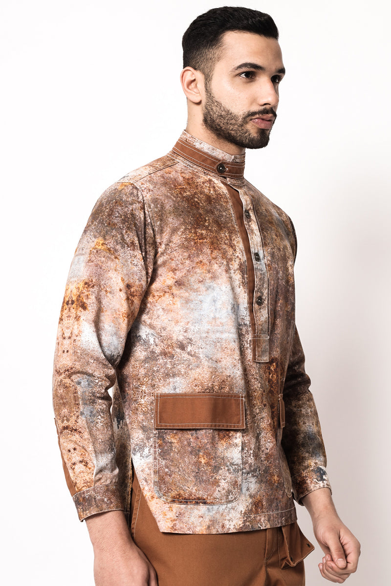 Rust Print Multi Band Collar Shirt