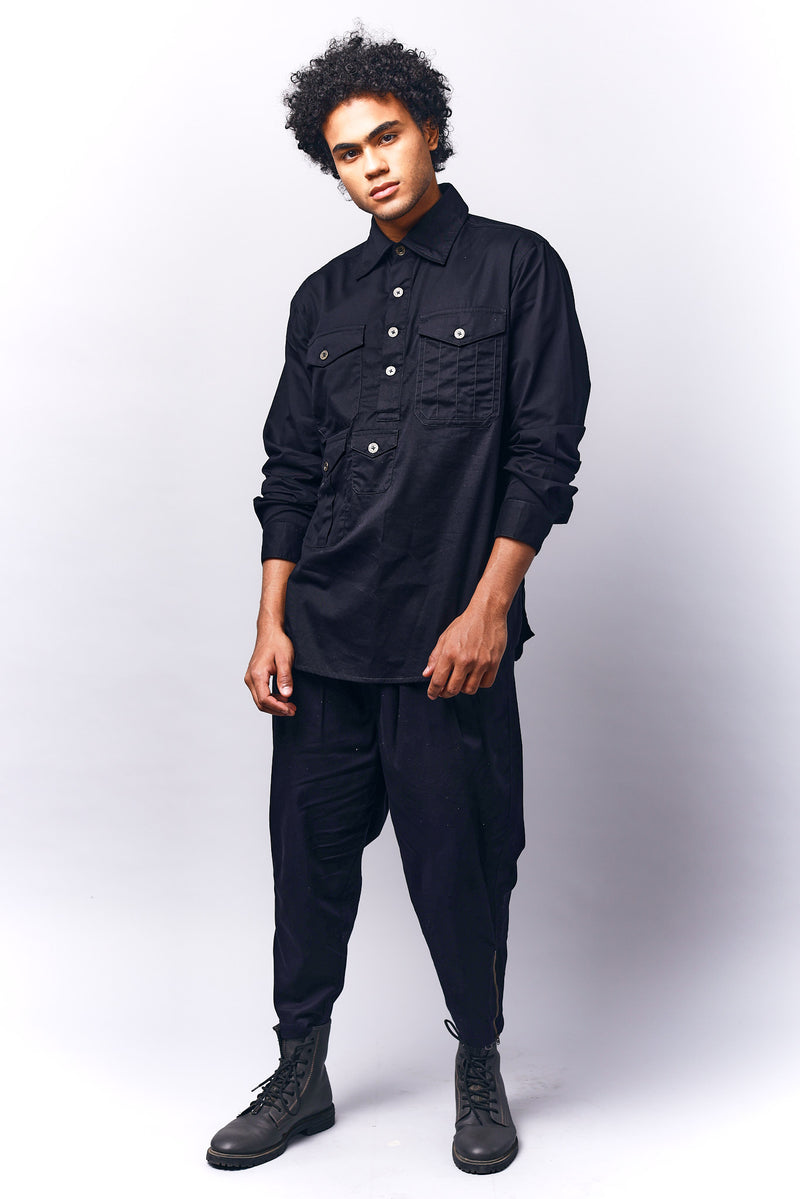 Shop Black denim multi pocket shirt Online | Neon Black Tech Wear